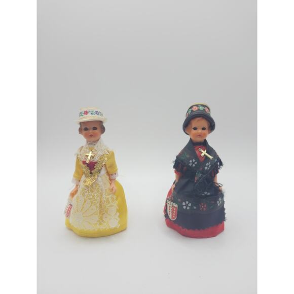 2 Vtg Valais Switzerland Plastic Dolls Blinking Sleepy Blue Eyes 4.5-5" Folk Art - Picture 1 of 11